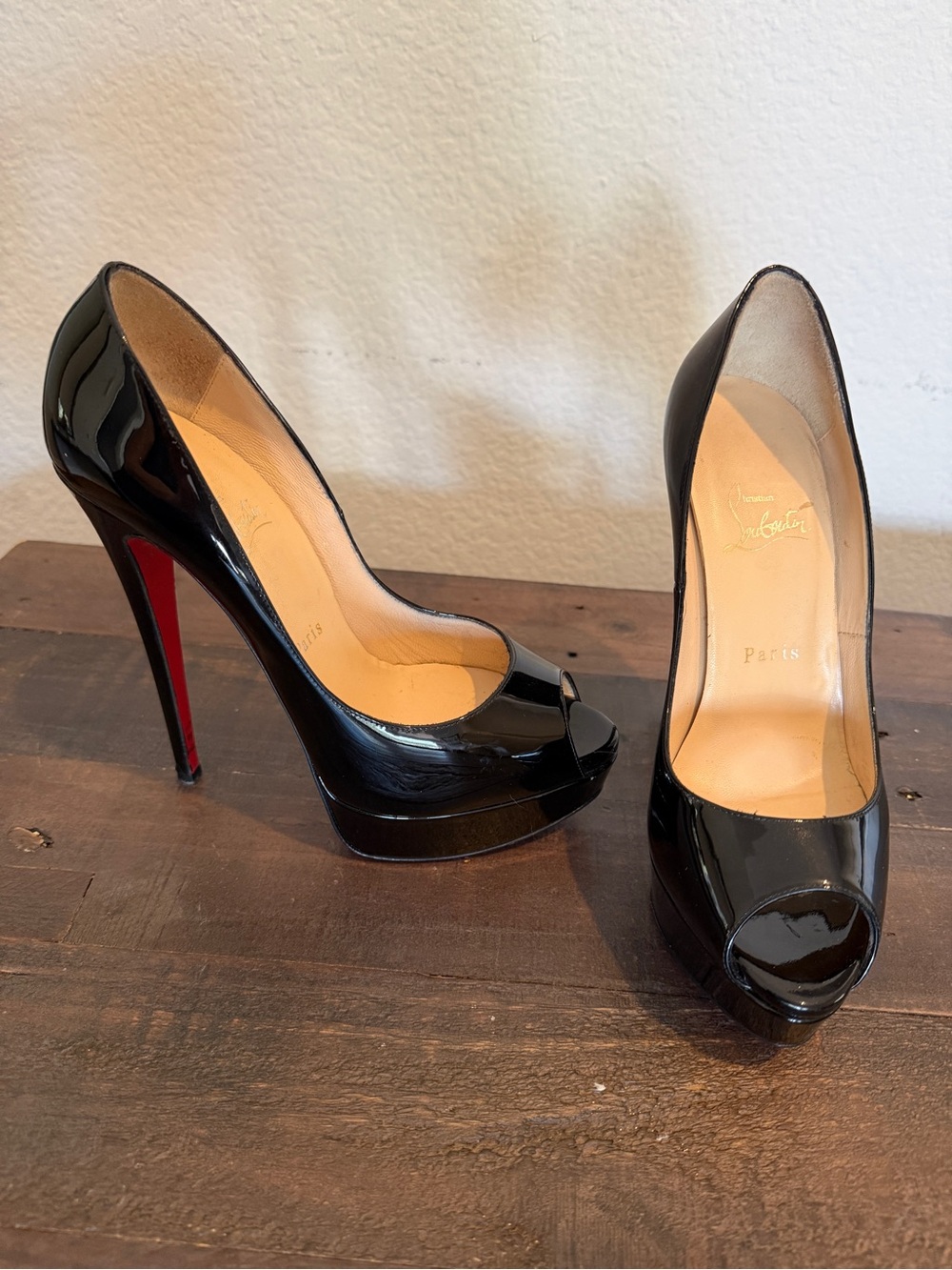 Christian Louboutin Black Patent Peep-Toe Stiletto Pumps with Red Soles